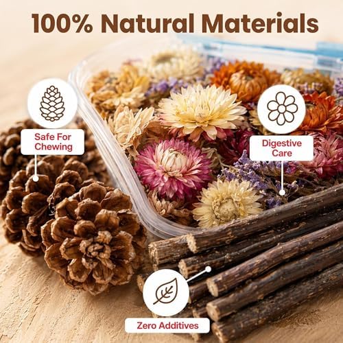 Natural Pet Nest Decorations for Small Pets, Hamster & Rabbit Chew Toys Set with Dried Flowers, Apple Sticks & Pine Cones, Pet-Friendly, Helps Adapt to New Environment & Relieve Stress