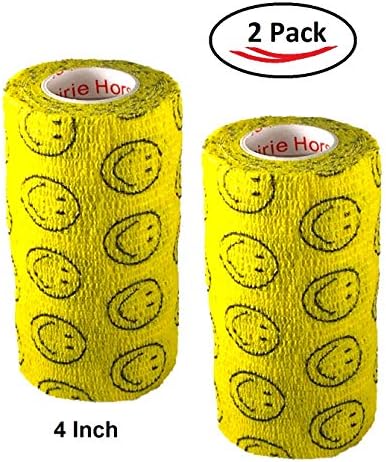 2 Pack Premium Vet Wrap - Self Adhesive Bandage Wrap & Athletic Tape - 4" x 5 Yards Elastic & Self-Sticking Cohesive Bandage for Pets, Sports, Wrists, & Ankles - Yellow with Smiles by Prairie Horse