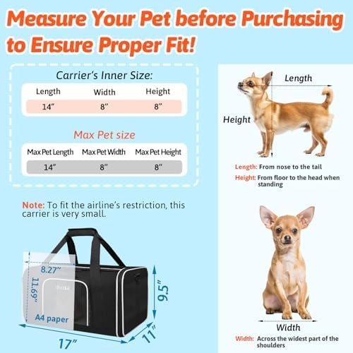 Petskd Small Pet Carrier 17"x11"x9.5" with Wheels Airline Approved, Black