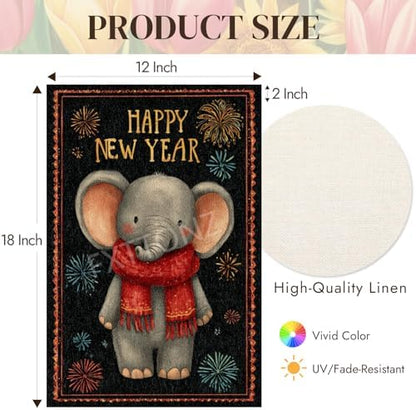 Happy New Year Garden Flag 12x18 Double Sided Vertical Linen Small Fireworks Elephant House Flag Welcome Holiday Winter House Outdoor Outside Decorations (27167)