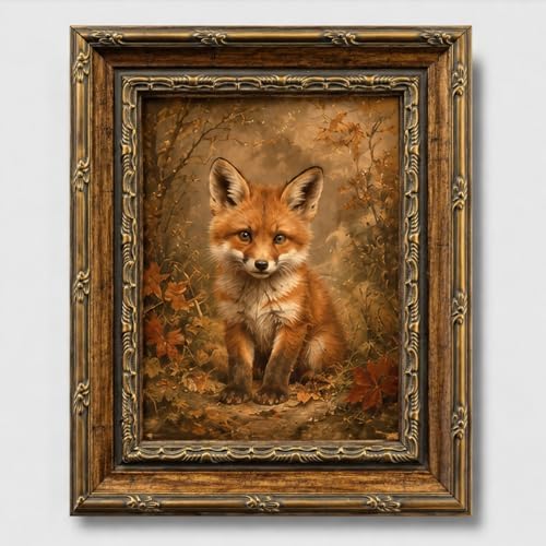 Framed Vintage Style Wall Art Cute Fox in a Rustic Forest Setting Canvas Print Poster Farmhouse style artwork suitable for bedroom or living room 8x10 inches ready to hang or display on a tabletop