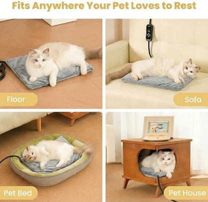 Cat Heating Pad, Heated Cat Bed with 5 Heat Levels, Timer & Auto Shut-Off, Waterproof Warmer with Thick Fleece Cover, Chew-Resistant Cord, for Indoor & Sheltered Outdoor Use (Gray, Small)
