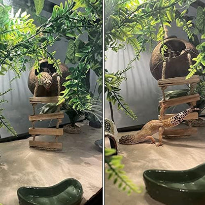 Lizard Coco Den with Ladder,Leopard Gecko Coconut Husk Hut Hideout Home Reptile Hammock Climbing Hanging Plants Decor Habitat Tank Accessories for Bearded Dragon Snake Chameleon