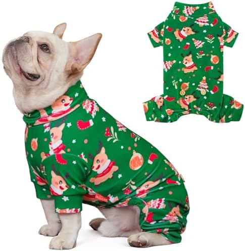 KYEESE Dog Christmas Pajamas for Small Dogs Green Reindeer Velvet Onesie