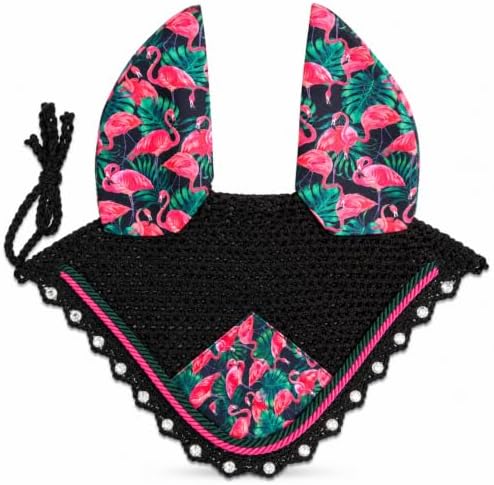 Horse Ear Bonnet for Horses, Floral Print Fly Bonnet with Crystal Edge, Handmade Crochet Fly Veil, Breathable Stretch Ears (Flamingo Print, Horse/Full)