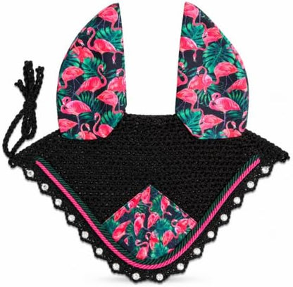 Horse Ear Bonnet for Horses, Floral Print Fly Bonnet with Crystal Edge, Handmade Crochet Fly Veil, Breathable Stretch Ears (Flamingo Print, COB)