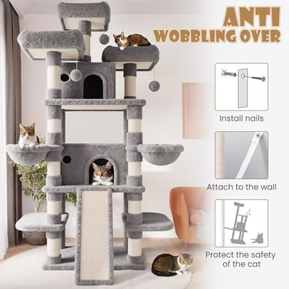 SHA CERLIN 81 Inches Extra Large Cat Tree for Indoor Adult Cats/XXL Big Cat Tower with Condo/Cozy Perches/Sisal Scratching Posts and Hammocks/Activity Center/F80/Heavy Duty/Grey