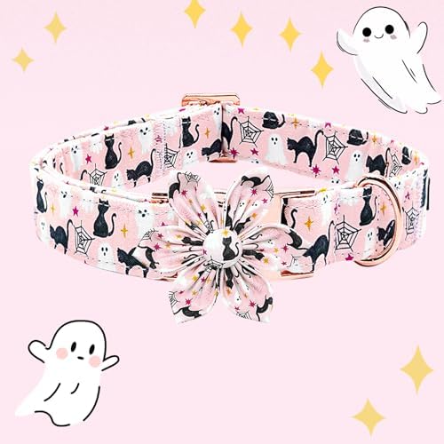 Dog Collar Halloween Fall Cat Ghost Print Pet Collar Soft Cute Dog Collars with Flower Adjustable Metal Buckle Collar for X-Large Dogs
