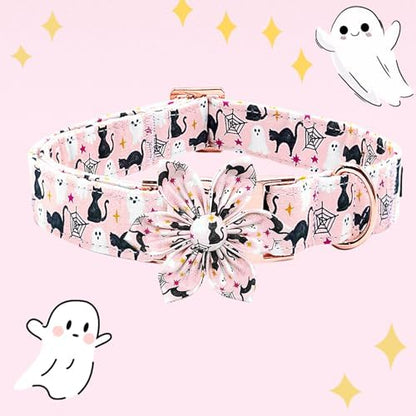 Dog Collar Halloween Fall Cat Ghost Print Pet Collar Soft Cute Dog Collars with Flower Adjustable Metal Buckle Collar for X-Large Dogs