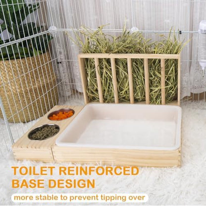 BESNEW 3 in 1 Rabbit Hay Feeder with Litter Box,Wooden Hay Feeder with 2 Bowls & Litter Box for Guinea Pig Chinchilla Bunny Other Small Animals,Large Capacity & Preventing Waste