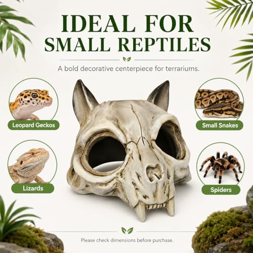 Reptile Hide Cave, Fox Skull Design, Resin Hideout for Leopard Gecko, Snake & Lizard, Multi-Entry Terrarium Shelter,5.31“ × 5.83” × 6.1"(Fox Skull)