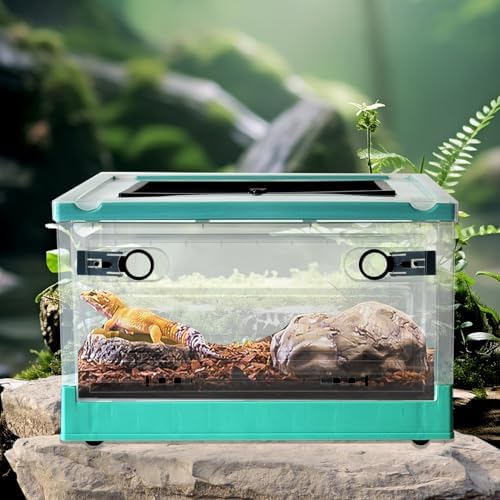 PINVNBY Plastic Reptile Feeding Box with Wheels,Reptiles Breeding Enclosure Cages Transparent Amphibians Habitat Terrarium Tank Portable Transport Container for Lizard,Bearded Dragon(Blue)