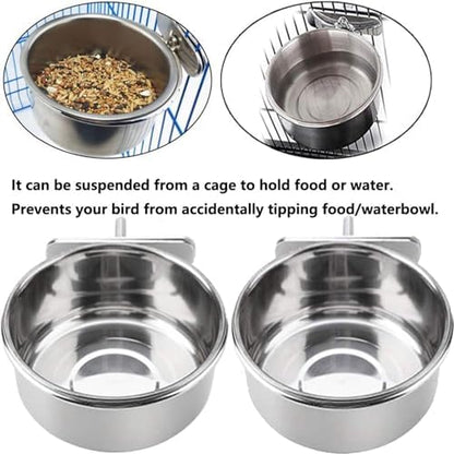 Parrot Feeding Bowls, Bird Cage Cups Holder - Stainless Steel Food and Water Dish, Bird Feeders with Clamp for Parakeet African Greys Conure Cockatiels Lovebird Budgie Chinchilla