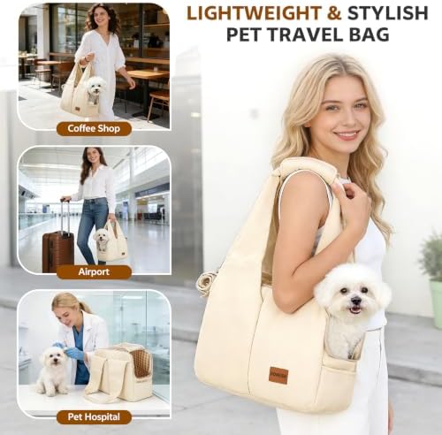Dog Purse Carrier for Small Dogs and Cats, Soft-Sided Pet Tote Bag with 6 Large Pockets, Collapsible Travel Puppy Carrier, Fits Pets up to 13 lbs (Beige, 15.7" L x 8" W x 11.8" H)