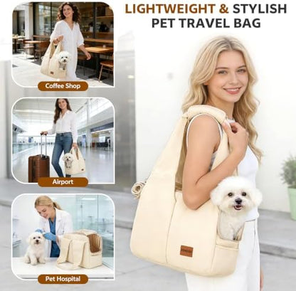 Dog Purse Carrier for Small Dogs and Cats, Soft-Sided Pet Tote Bag with 6 Large Pockets, Collapsible Travel Puppy Carrier with Small Cushion, Fits Pets up to 6 lbs (Beige, 13.6" L x 6.6" W x 10" H)