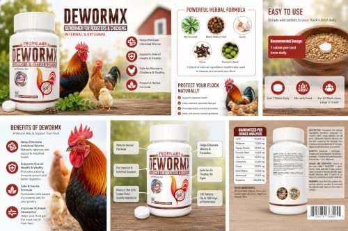 Farmalab Natural Dewormer Internal & External 100 Tabs Poultry - Vitamin for Poultry Rooster Hen Chicken Baby Chick, hens. Made in USA.
