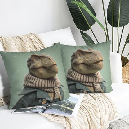 InkRain Winter Animal Cute Tyrannosaurus Rex Pillow Cover 22x22 Inch Set of 2 Home Decor Decorative Cotton Linen Illustration Pillowcases for Living Room House Sofa
