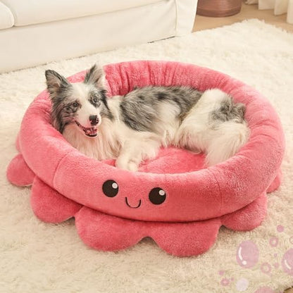 Jiupety Cute Calming Dog Beds Clearance for Large and Extra Dogs, Anxiety Bolster Dog Bed with Octopus Shape, Pink, Red, XL, Boho, Round Pet Bed Cat with Removable Cushion