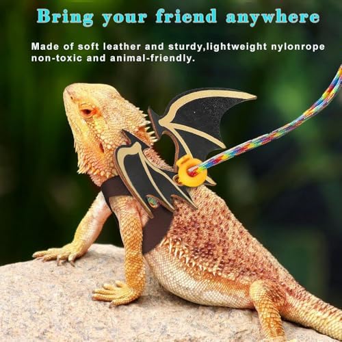 4 Pack Bearded Dragon Harness and Leash Set – Adjustable Soft Leather & Nylon Vest with 6.89–62 Inch Lead, Escape-Proof Lizard Walking Harness for Reptiles, Squirrels & Small Pets (Black Wing)