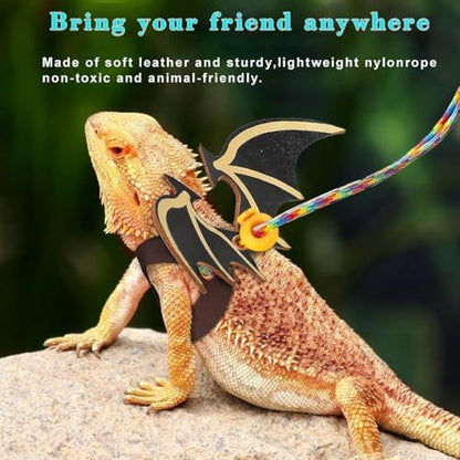 4 Pack Bearded Dragon Harness and Leash Set – Adjustable Soft Leather & Nylon Vest with 6.89–62 Inch Lead, Escape-Proof Lizard Walking Harness for Reptiles, Squirrels & Small Pets (Black Wing)