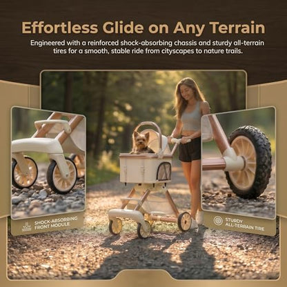 All-Terrain Pet Stroller for Small Medium Dogs & Cats, 20 lbs Capacity - Portable Carrier with One-Touch Brake, Lightweight Foldable Design & Shock Absorption Wheels,Pink