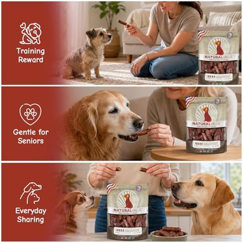 Loving Pets Natural Value Beef Sausages - Soft Jerky Dog Treats for Large & Small Breeds - Healthy Gluten, Wheat, Soy & Grain Free Pet Treats for Dogs