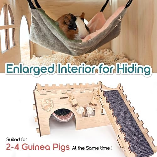 SoulThink® Large Guinea Pig Hideout & House - Easy to Assemble Wooden Guinea Pig Castle with Hammock, Ramp and Toys Accessories Habitat Suitable for Hamsters and Chinchilla