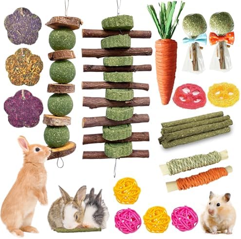 Jorewood 21 Pcs Rabbit Chew Toys for Teeth, Natural Bunny Toys Peach Wood Grass Timothy Sticks Chew and Treat for Guinea Pigs Hamster Chinchillas and Other Small Pets