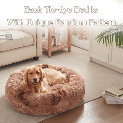 36 in Faux Fur Fluffy Donut Dog Bed for Large Dogs,Tie-dye Brown