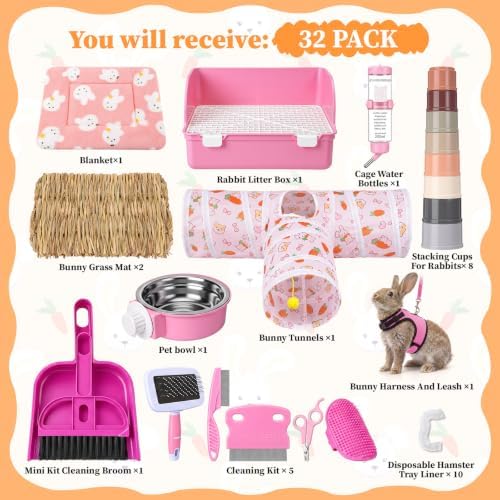 34 Pcs Rabbit Starter Kit Rabbit Litter Box Small Animal Water Bottle Cups Bunny Tunnels Animal Grooming Kit Bowl Blanket with Cleaning Set for Guinea Pig Bunny(Style 3,Sakura Pink)