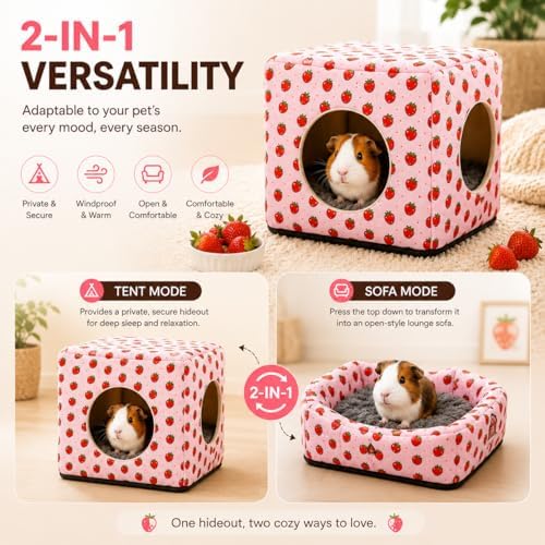 Guinea Pig Hideout House with Removable Cushion, Washable Small Animal Cube Bed, Cozy Bunny Hideaway for Guinea Pigs, Chinchillas, Hedgehogs, Hamsters & Dwarf Rabbits