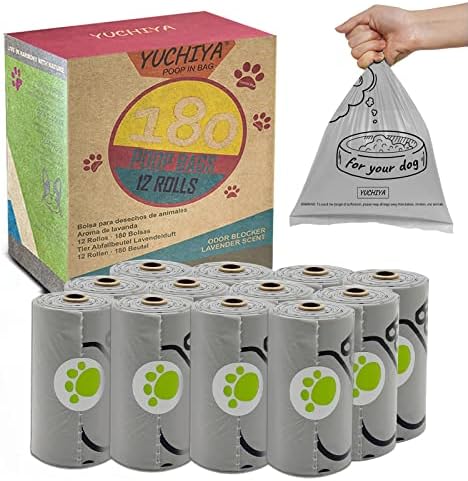 180 Dog Poop Bags Lavender Scented –Leak Proof, Easy Tear, 9"x13" Standard Size – Durable for Large/Small Dogs, Fits Most Dispensers (12 Rolls,Grey)