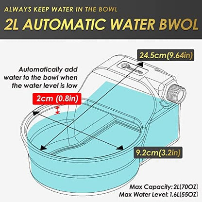 Automatic Dog Water Bowl Dispenser Patented 70OZ Water Dispenser for Dogs 2L Water Bowl Fit 3/4in GHT Male Faucet Outdoor Automatic Water Bowl Include Automatic Water Fill Valve Adapter 5ft Water Hose