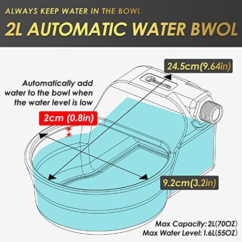 Automatic Dog Water Bowl Dispenser Patented 70OZ Water Dispenser for Dogs 2L Water Bowl Fit 3/4in GHT Male Faucet Outdoor Automatic Water Bowl Include Automatic Water Fill Valve Adapter 5ft Water Hose