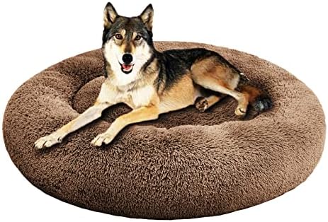 SAVFOX 45 inches Calming Donut Dog Bed - 3X Durable Plush Faux Fur, Machine Washable & Non-Slip, Fits up to 150 lbs, Brown