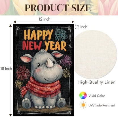 Happy New Year Garden Flag 12x18 Double Sided Vertical Linen Small Fireworks Rhino House Flag Welcome Holiday Winter House Outdoor Outside Decorations (27180)