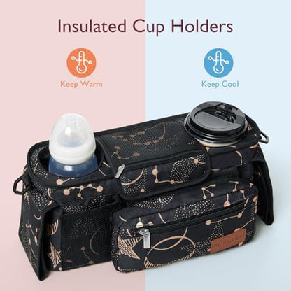Momcozy Universal Baby Stroller Organizer, 2 Insulated Cup Holder, Detachable Zippered Pocket, Adjustable Shoulder Strap, Large capacity for baby essentials, Compact Design Fits Any Strollers