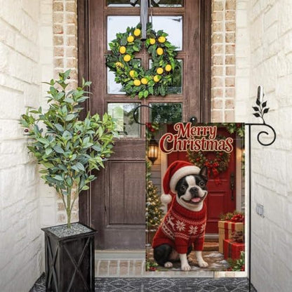 Merry Christmas Garden Flag 12x18 Inch Boston Terrier Santa Hat Red Sweater Wreath Gift Holiday Farmhouse Outdoor Yard Lawn Front Porch Welcome Double Sided Banner Decor