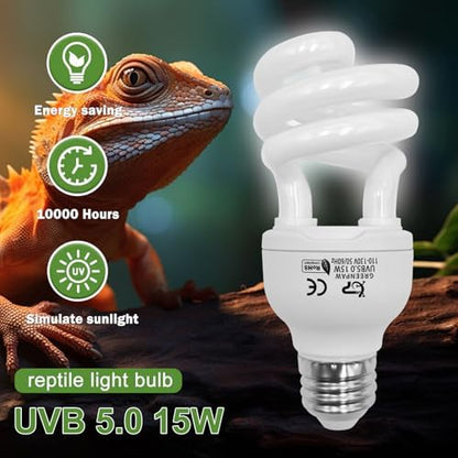 UVB Reptile Light, 5.0 15W UVA UVB Light for Reptiles, Spiral Compact Fluorescent UVB Bulb for Chameleons Tortoise Iguanas and Snakes