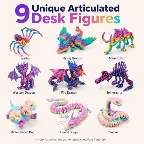 9PCS 3D Printed Animals Dragon Snake Spider Mammoth Dog Set Kids Toys Gifts