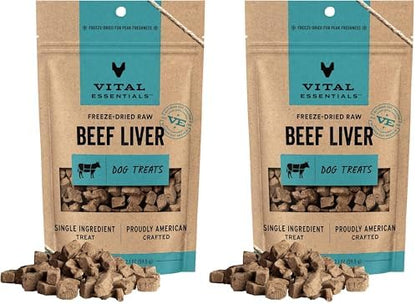 Vital Essentials Freeze Dried Dog Treats | Beef Liver, Single Ingredient | Premium Quality | Grain Free Training Treats for Dogs, 2.1 oz Bag (Pack of 2)