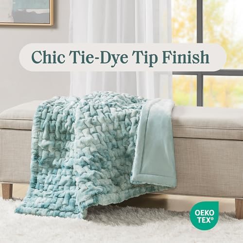Madison Park Ruched Fur Throw Faux Fur Blanket, 50" x 60", Blue Tie Dye