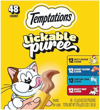 Temptations Creamy Puree Cat Treats, Beef, Chicken, Salmon & Tuna, 48 Count