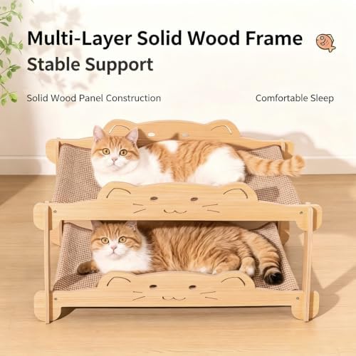 Cat Bunk Bed with Sisal Scratcher & Hammock - 2 Tier Heavy Duty Double Decker Wooden Cat Furniture for 2 Indoor Cats, Sturdy Anti-Tipping Bed Fits Large Cats Up to 30+ Lbs