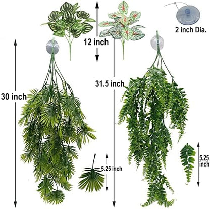 Reptile Plants for Bearded Dragon Tank Accessories, Terrarium Plant Artificial Decor for Snake Cage, Fake Plant for Leopard Gecko Habitat, Lizard Chameleon Ball Pythons (Group EN)