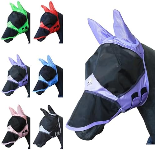 T TEKE Fine Mesh Horse Fly Mask w/Ears & Nose, UV Blocking 3D Eye Visor with Extra Fleece Cushioned Forehead, Protection from Insect Pests