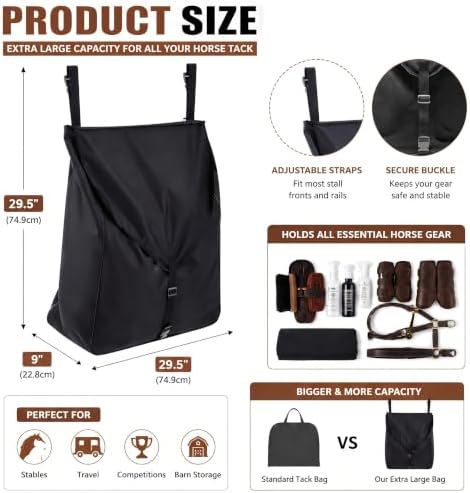 Dansydaisy Black Large Horsewear Bag Stall Front Horse Blanket Storage Bag Durable 600D Oxford 29.5 x 24.5 x 9 in Fabric Portable Easy to Hang Horse Tack Holder Accessories for Keep Organized