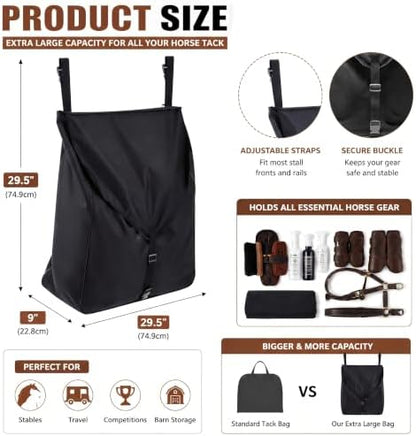 Dansydaisy Black Large Horsewear Bag Stall Front Horse Blanket Storage Bag Durable 600D Oxford 29.5 x 24.5 x 9 in Fabric Portable Easy to Hang Horse Tack Holder Accessories for Keep Organized