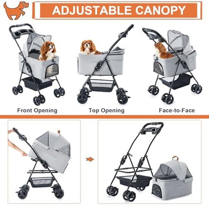 Pet Stroller with Detachable Carrier for Small Dogs & Cats, Gray