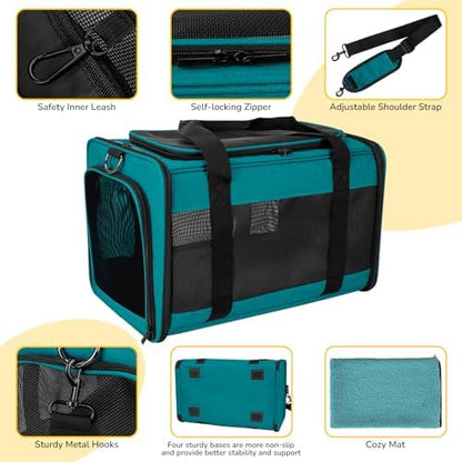 Hipubby Cat Carrier Dog Carrier for Pets Up to 16 Lbs, Soft-Sided Pet Travel Carrier for Cats and Small Dogs, Airline Approved Pet Carrying Case with Shoulder Strap & Removable Mat - Blue